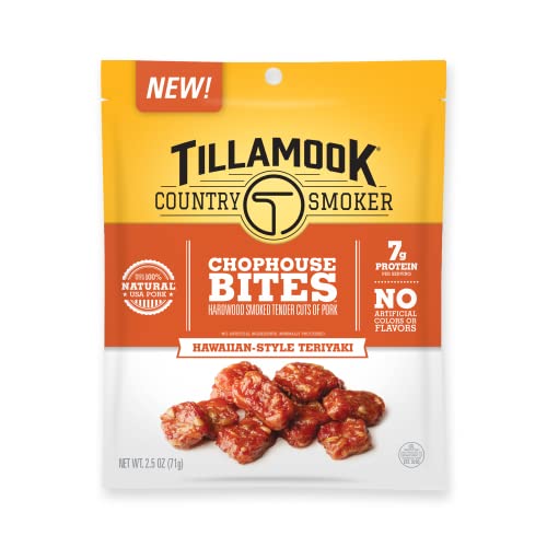 Tillamook Country Smoker Pork Jerky Snacks, Country Smoker Chophouse Bites, Hawaiian-Style Teriyaki Tender Cuts, Ready to Eat Gluten Free Protein Snack, 2.2oz