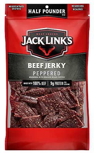 Jack Link's Beef Jerky, Peppered, 1/2 Pounder Bag - Flavorful Meat Snack, 9g of Protein and 80 Calories, Made with Premium Beef - 96% Fat Free, No Added MSG** or Nitrates/Nitrites