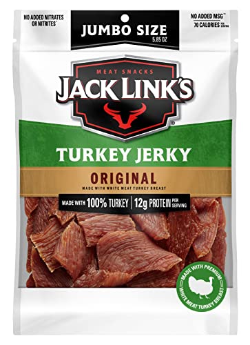 Jack Link’s Turkey Jerky, Original – Flavorful Meat Snack with 12g of Protein and 70 Calories, Made with 100% Turkey - 96% Fat Free, No Added MSG** or Nitrates/Nitrites, 5.85 oz. Sharing Size Bag