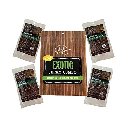 Jerky.com's Classic Exotic Jerky Sampler Pack - Bulk Pack with 4 Types of Jerky (Venison, Buffalo, Wild Boar and Elk) - High Protein Snack, All-Natural, Keto Diet, No Added Preservatives (4 oz.)