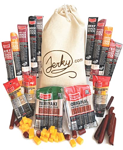 Jerky Gift Basket for Men & Women - 26pc Jerky Variety Pack of Beef, Pork, Turkey & Ham Snack Sticks - Meat and Cheese Gift Set - High Protein Snacks for Adults, Unique Gift Idea for Any Occasion