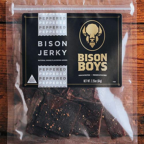 Bison Boys | Buffalo Jerky | Preservative Free Bison Meat | USA Raised | Natural Smoke Flavorings | Protein Packed Low Fat Healthy Snack Food | Peppered