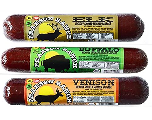 Pearson Ranch Game Meat Summer Sausage Variety Pack of 3 – Elk, Buffalo, Venison, Exotic Meat, Summer Sausage Pack, Gluten-Free, MSG-Free